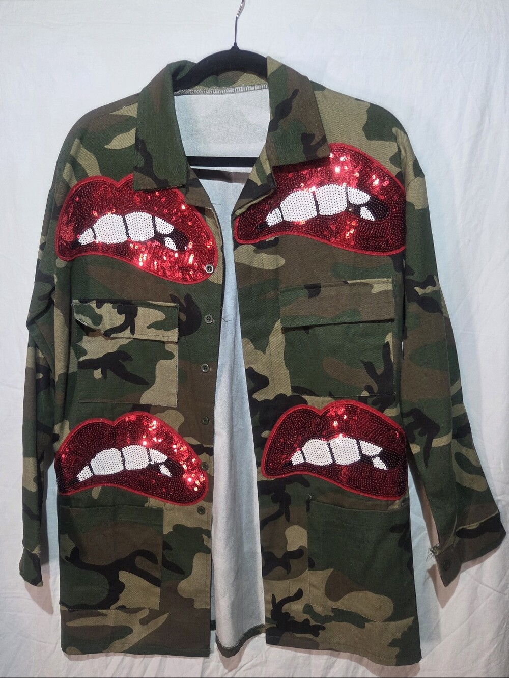 Camo Jacket with Red Sequin Lips - Picture 7 of 10